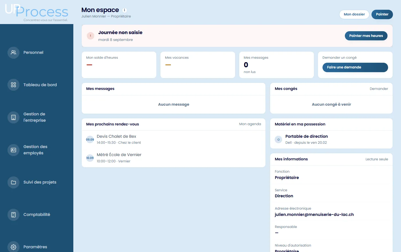 La page personnelle d'un employé