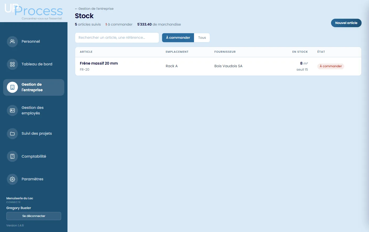 L'écran du stock, ouvert sur ce qui manque